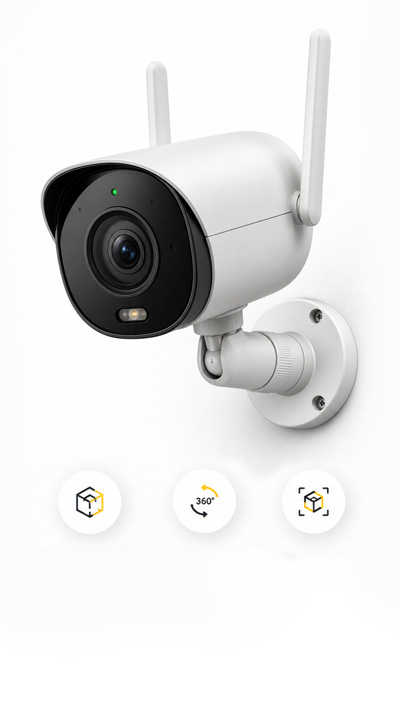 Interactive 3D product showcase of a white outdoor security camera with 360-degree viewing controls