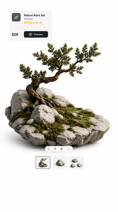 Marketplace 3D asset preview of a Nature Rock Set with price, rating, and an in-browser Preview button