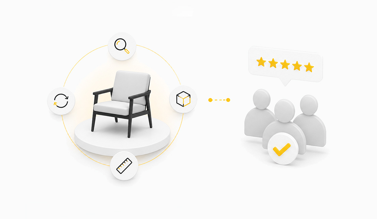 Abstract visual representing buyer confidence and trust in secure 3D product previews